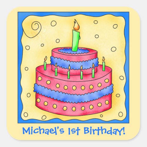 Name Personalize Boy First Birthday Party Cake Art Square Sticker