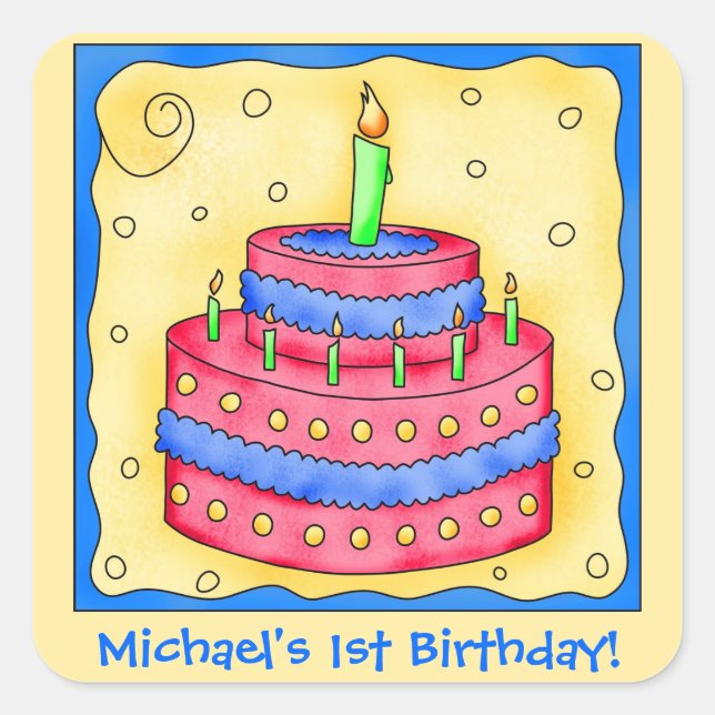 Name Personalize Boy First Birthday Party Cake Art Square Sticker (Front)