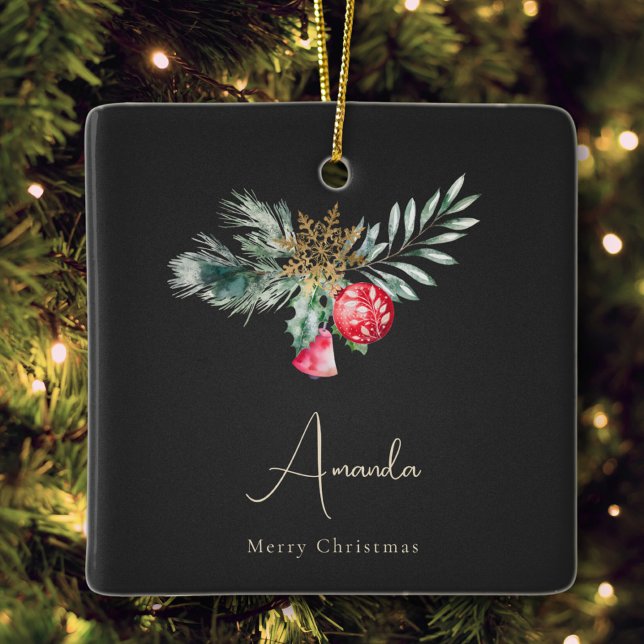 Name Personalized Black Watercolor Christmas Ceramic Ornament (Creator Uploaded)