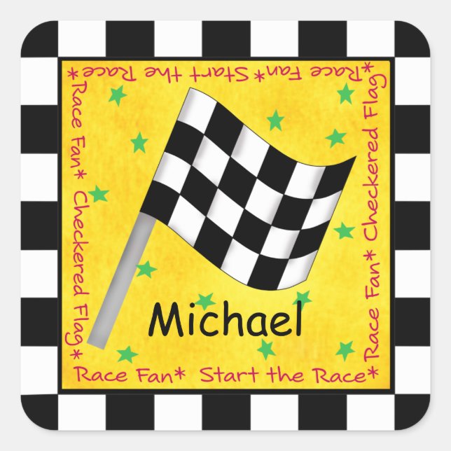 Name Personalized Black White Checkered Flag Wavin Square Sticker (Front)