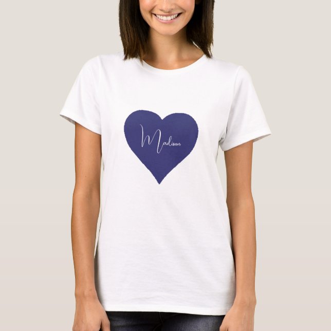 Name Personalized Dark Blue Heart Custom T-Shirt (Front)