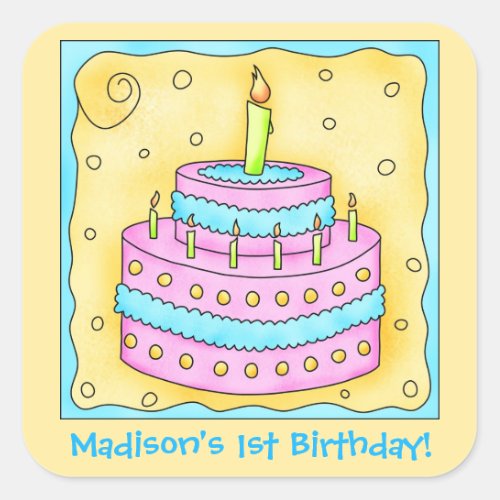 Name Personalized First Birthday Party Cake Art Square Sticker
