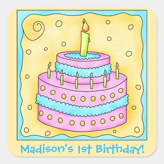 Name Personalized First Birthday Party Cake Art Square Sticker (Front)