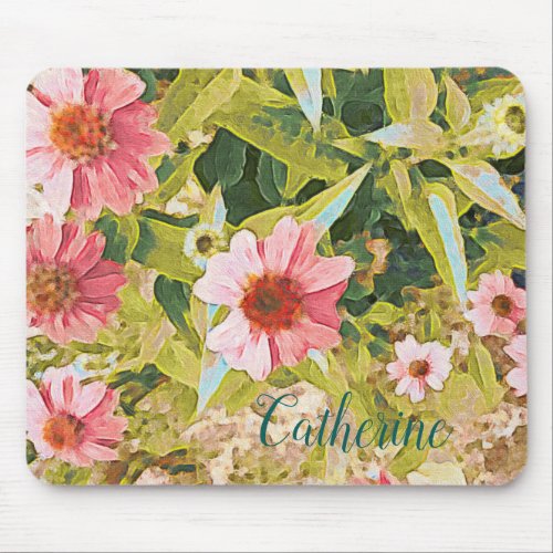 Name Personalized Pink Coneflower Green Leaves Art Mouse Pad