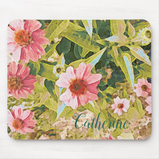 Name Personalized Pink Coneflower Green Leaves Art Mouse Pad (Front)