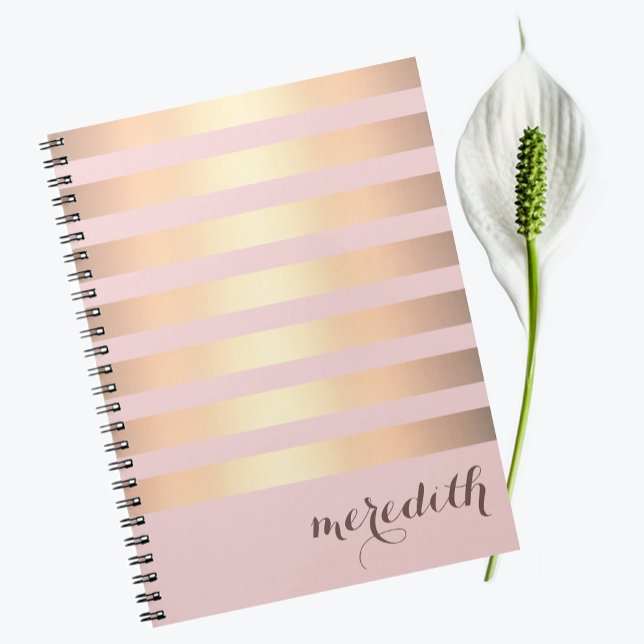 Name Personalized Pink/Gold Metallic Striped Notebook (Creator Uploaded)