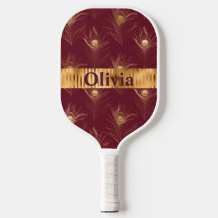 Name Personalized Red Peacock Print Gold Pickleball Paddle