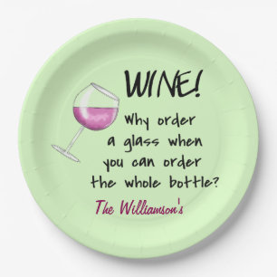 Name Personalized Red Wine Funny Saying Green Paper Plates