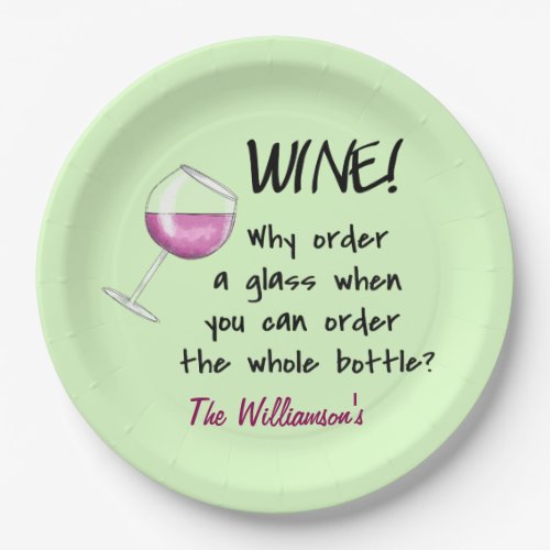 Name Personalized Red Wine Funny Saying Green Paper Plates