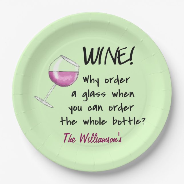 Name Personalized Red Wine Funny Saying Green Paper Plates (Front)