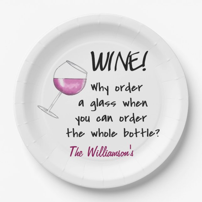 Name Personalized Red Wine Funny Word Saying Paper Plates (Front)