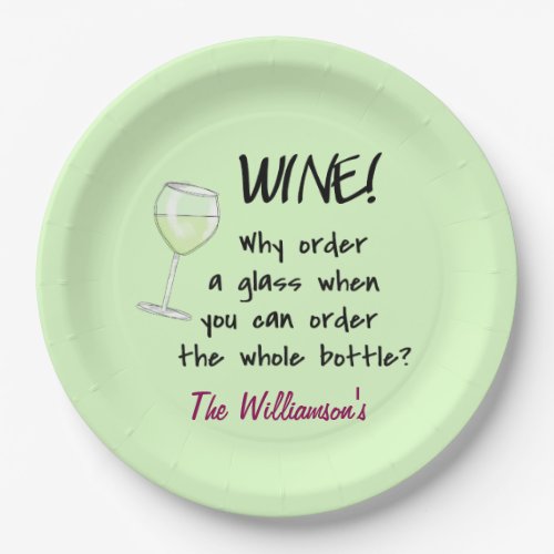 Name Personalized White Wine Word Saying Green Paper Plates