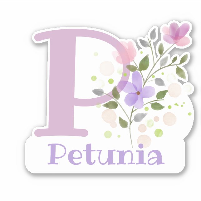 Name Petunia & Initial with Floral Design Sticker (Front)