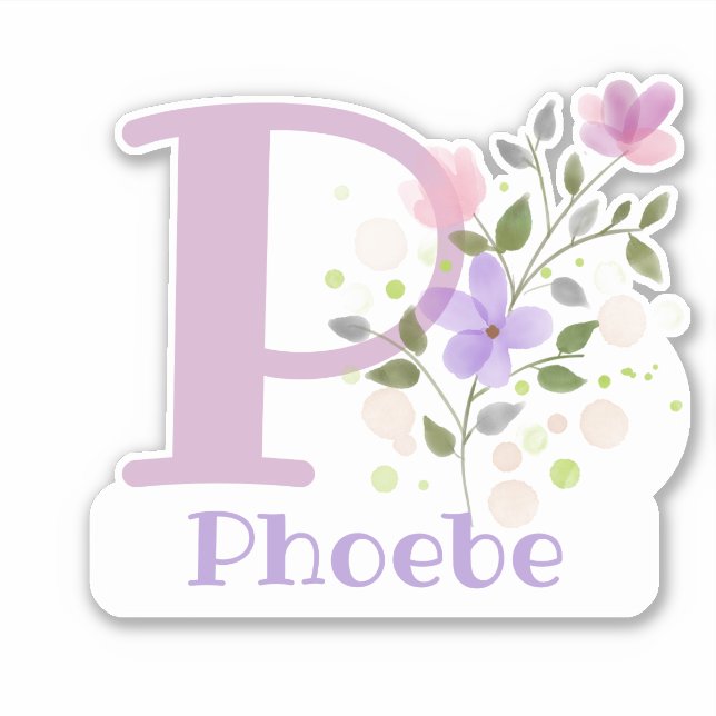 Name Phoebe & Initial with Floral Design Sticker (Front)