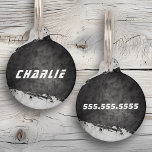 Name phone number rough grunge black paint pet ID tag<br><div class="desc">Pet ID tag featuring your pet's name in a cool font on a rough grunge concrete look background with black paint. On the back is a template field for a phone number. Fonts are customizable in the design tool.</div>
