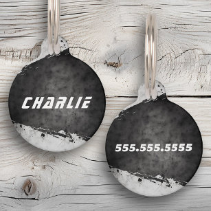 Name phone number rough grunge black paint pet ID tag