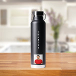 Name photo black white guy water bottle<br><div class="desc">White text printed on a black bottle. Personalize and add your name and a profile photo.</div>