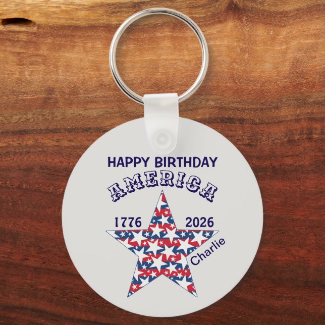 Name, Photo or Logo, Happy Birthday America Round Keychain (Front)