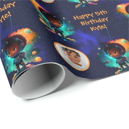 Name Photo Text African American Boy Astronaut  Wrapping Paper