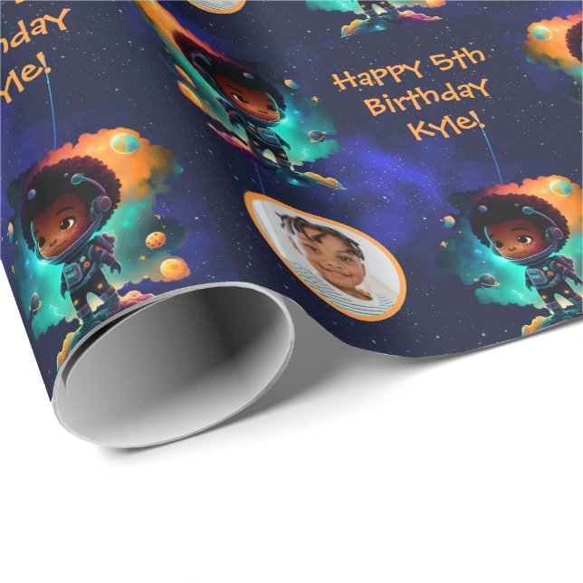 Name Photo Text African American Boy Astronaut  Wrapping Paper (Roll Corner)
