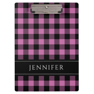 Name Pink & Black Checks Plaid Gingham Pattern Clipboard