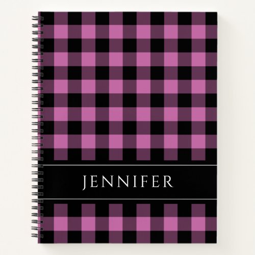 Name Pink  Black Checks Plaid Gingham Pattern Notebook