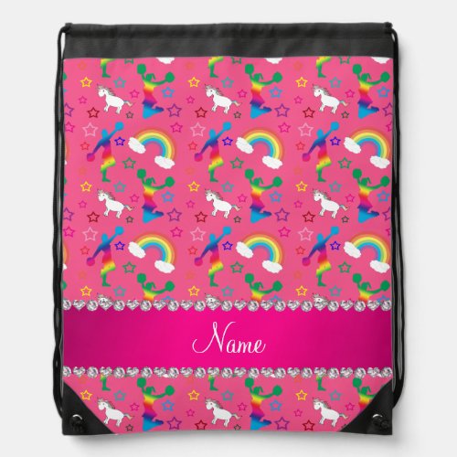 Name pink cheerleading rainbow unicorns stars drawstring bag