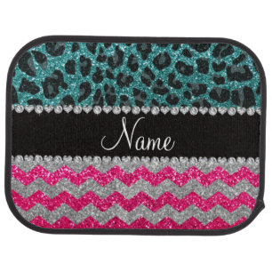 Name pink glitter chevrons turquoise leopard car floor mat