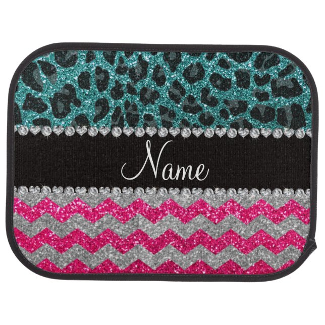 Name pink glitter chevrons turquoise leopard car floor mat (Rear)