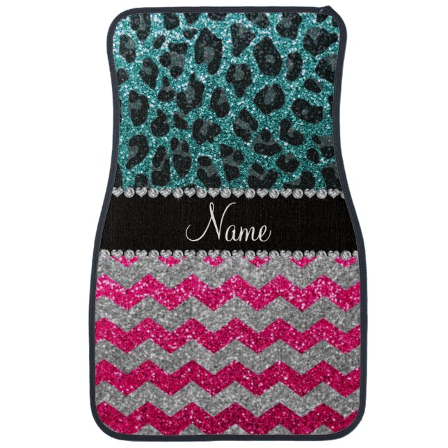 Name pink glitter chevrons turquoise leopard car mat (Front)