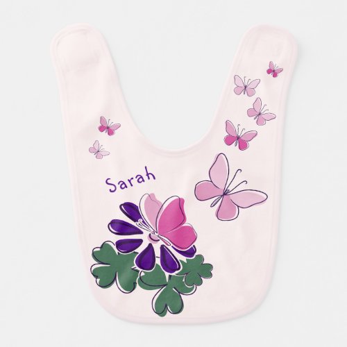 Name Pink Green Purple Doodle Blooms Butterflies Baby Bib