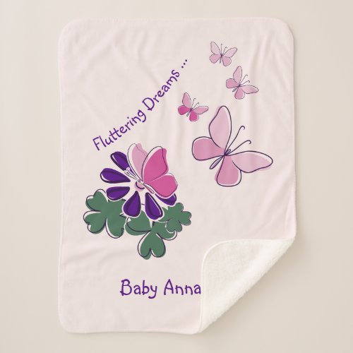 Name Pink Green Purple Doodle Blooms Butterflies Sherpa Blanket