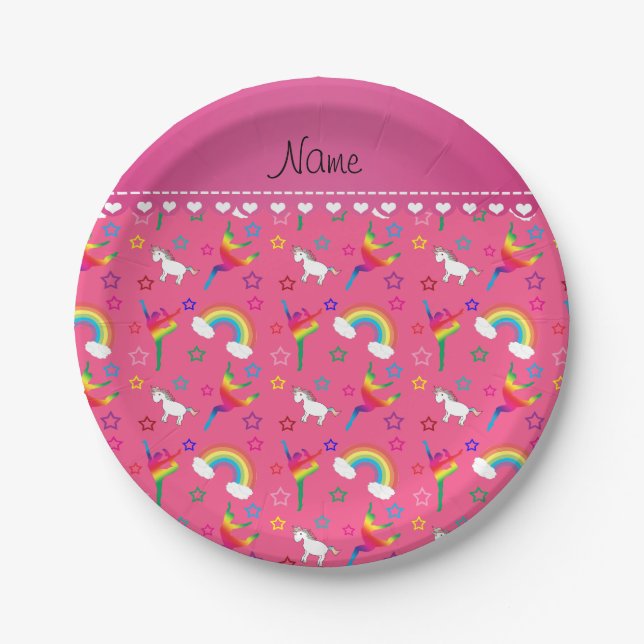 Name pink gymnastics rainbows unicorns paper plates (Front)