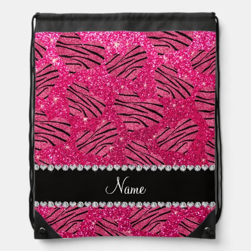 Name pink hearts rose pink glitter zebra stripes drawstring bag