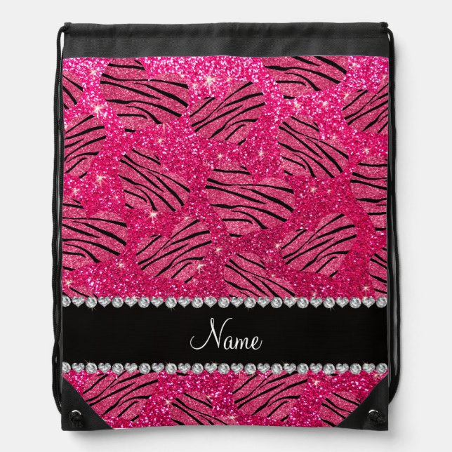 Name pink hearts rose pink glitter zebra stripes drawstring bag (Front)