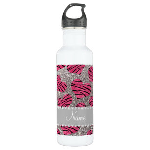 Name pink hearts silver glitter zebra stripes stainless steel water bottle