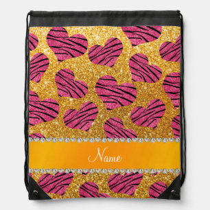 Name pink hearts yellow glitter zebra stripes drawstring bag