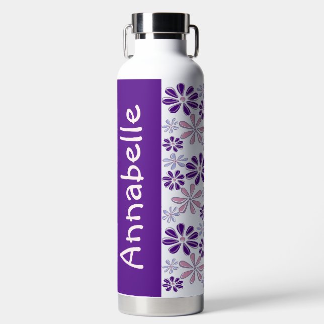 Name Pink Indigo Blue Flower Doodle Pattern Water Bottle (Front)
