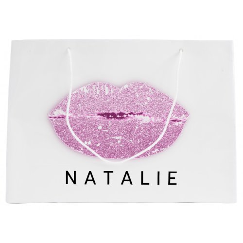 Name Pink Kiss Lips Glitter Gray Minimalim  Large Gift Bag