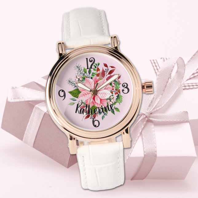Name, Pink Poinsettia Bouquet White Leather Womans Watch (Creator Uploaded)