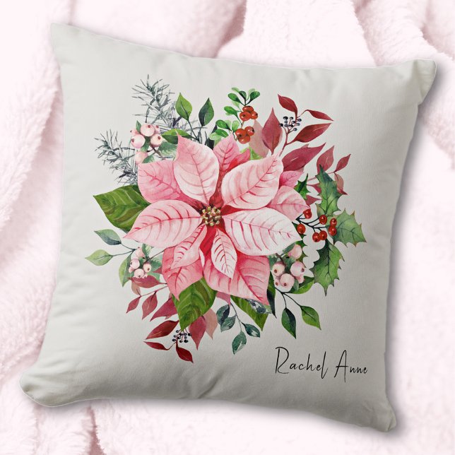 Name, Pink Poinsettia Flower Berries, 16x16 Throw Pillow (Creator Uploaded)