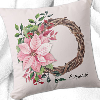 Name, Pink Poinsettia Flower Wreath, 16x16 Throw Pillow