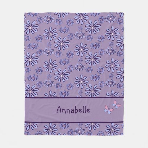 Name Pink Purple Doodle Blooms Butterflies Fleece Blanket