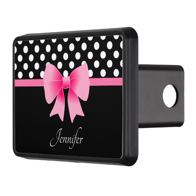 Name Pink Ribbon Black & White Polka Dots Hitch Cover (Left)