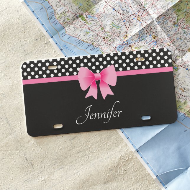 Name Pink Ribbon Black & White Polka Dots License Plate (In Situ)