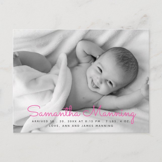 Name | Pink Script Photo Birth Announcement (Front)