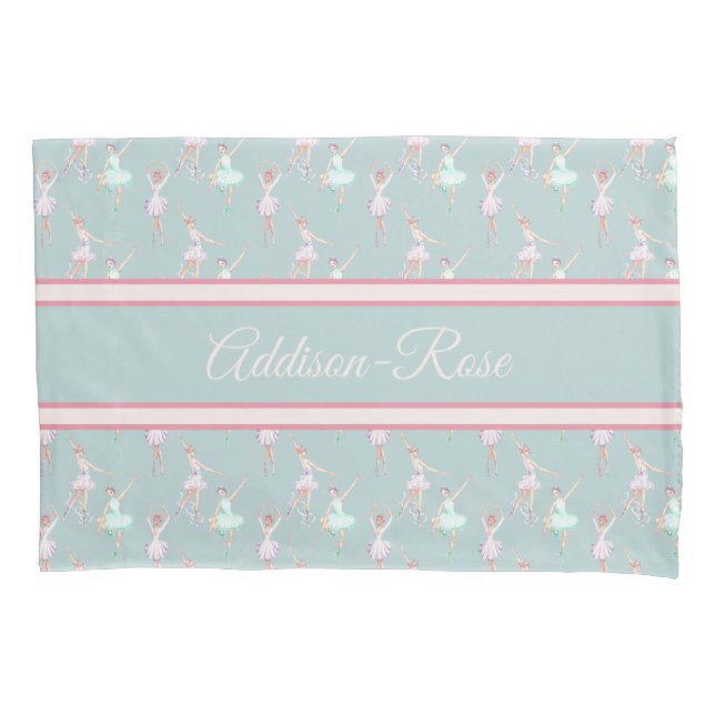 Name Pink Teal Grey Ballerina Pattern Nursery Pillow Case (Front)