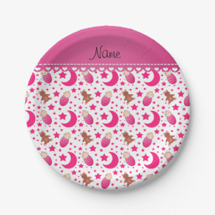 Name pink white baby teddy bear stars moons paper plates