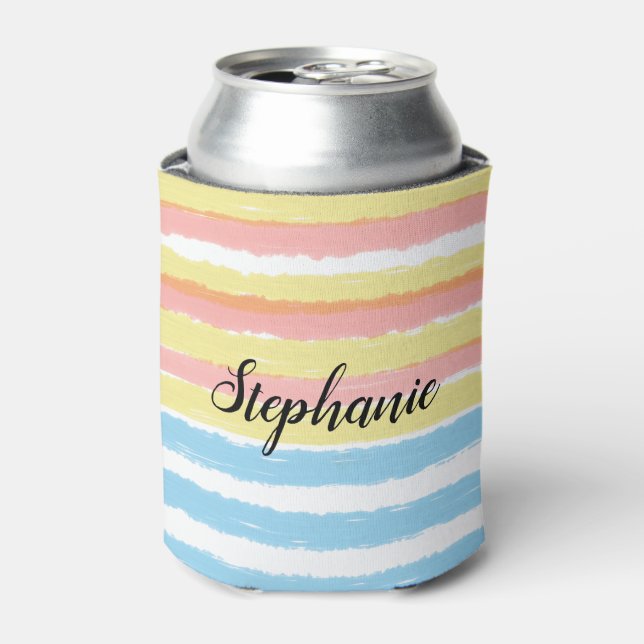 Name Pink Yellow Blue Watecolor Stripes Can Cooler (Can Front)