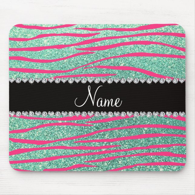 Name pink zebra stripes seafoam green glitter mouse pad (Front)